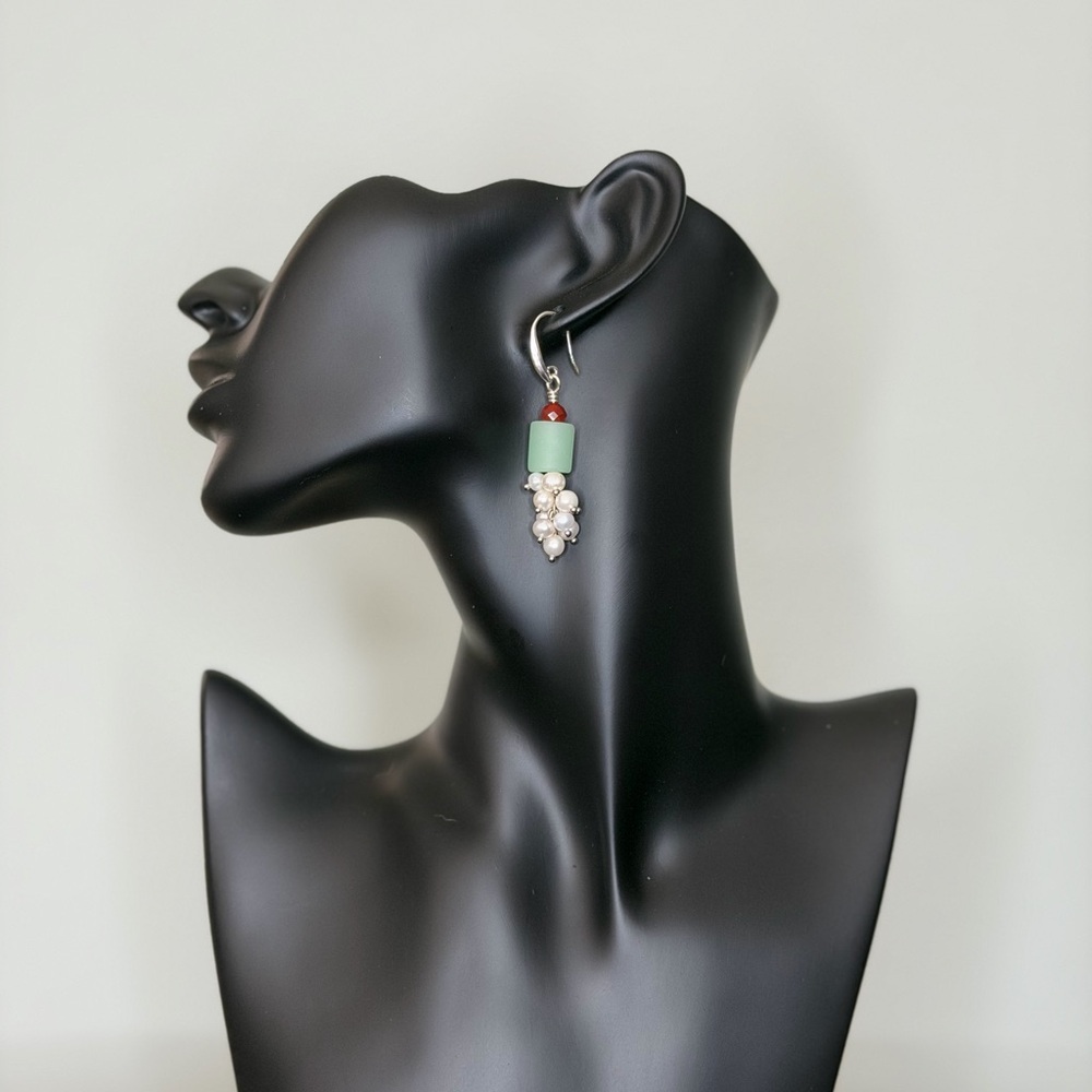 Handmade Carnelian with Sea Glass and Pearl Cluster Drop Earrings